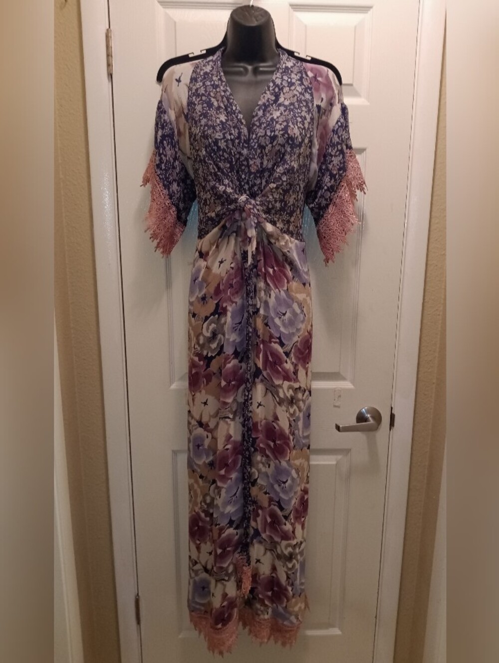 Winter Kate Modified W/ Lace Floral Tie-Front Maxi Dress in Purple & Pink